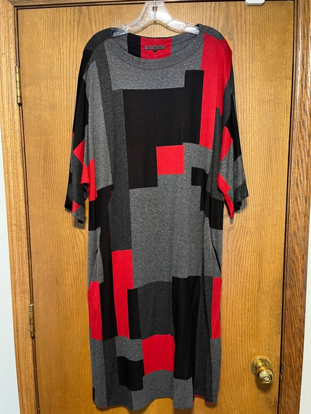 Gray, Black & Red Geometric Knit Midi Dress